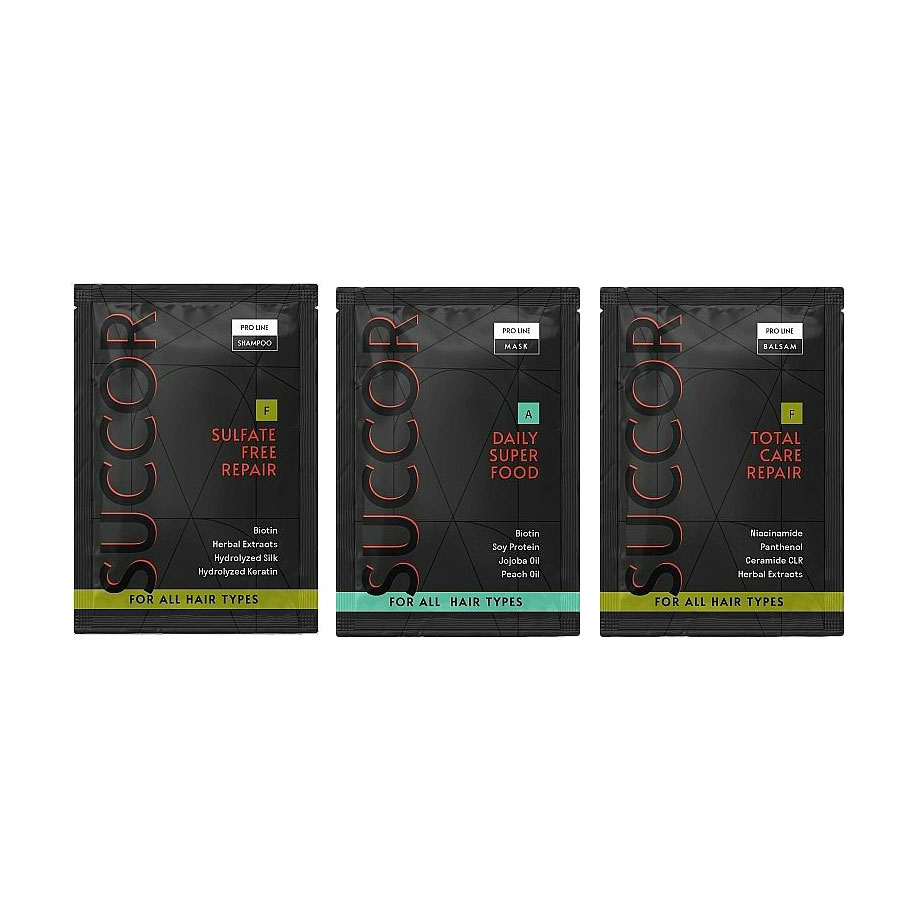 Набір пробників для всіх типів волосся Succor Sulfate Free Repair Mini Set (шампунь, 10 мл + бальзам, 10 мл + маска, 10 мл)